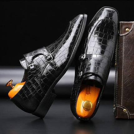 Crocodile Pattern Business Flat Bottom Leather Formal Shoes, Size:47(Black)-garmade.com