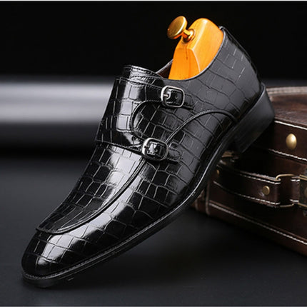 Crocodile Pattern Business Flat Bottom Leather Formal Shoes, Size:47(Black)-garmade.com