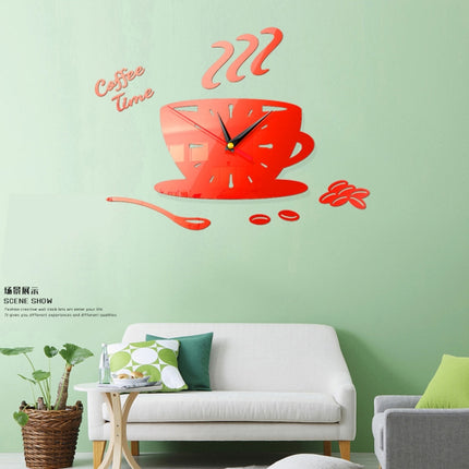 2 Sets Home DIY 3D Stereo Decorative Fashion Coffee Wall Clock Acrylic Mirror Wall Sticker Coffee Clock(Red)-garmade.com