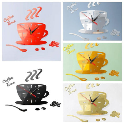 2 Sets Home DIY 3D Stereo Decorative Fashion Coffee Wall Clock Acrylic Mirror Wall Sticker Coffee Clock(Red)-garmade.com