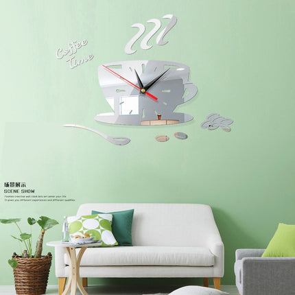 2 Sets Home DIY 3D Stereo Decorative Fashion Coffee Wall Clock Acrylic Mirror Wall Sticker Coffee Clock(Silver)-garmade.com