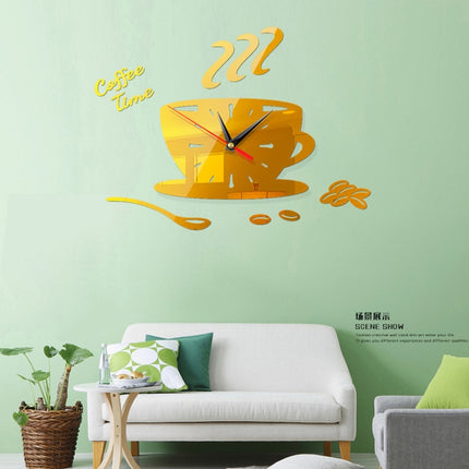 2 Sets Home DIY 3D Stereo Decorative Fashion Coffee Wall Clock Acrylic Mirror Wall Sticker Coffee Clock(Deep Gold)-garmade.com