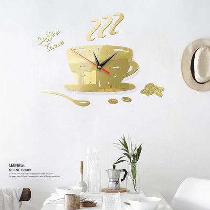 2 Sets Home DIY 3D Stereo Decorative Fashion Coffee Wall Clock Acrylic Mirror Wall Sticker Coffee Clock(Light Gold)-garmade.com