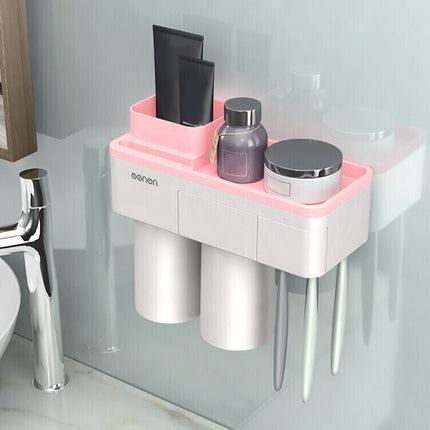 Free Punching Toothbrush Holder Set Bathroom Shelf, Style:2 Cups(Pink)-garmade.com