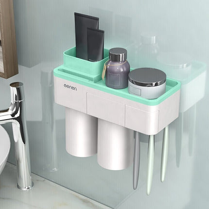 Free Punching Toothbrush Holder Set Bathroom Shelf, Style:2 Cups(Green)-garmade.com