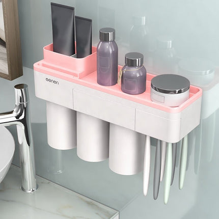 Free Punching Toothbrush Holder Set Bathroom Shelf, Style:3 Cups(Pink)-garmade.com