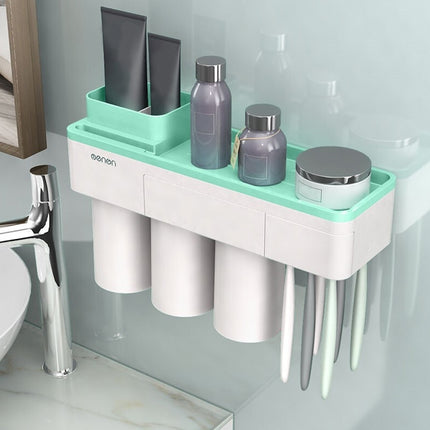 Free Punching Toothbrush Holder Set Bathroom Shelf, Style:3 Cups(Green)-garmade.com