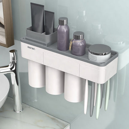 Free Punching Toothbrush Holder Set Bathroom Shelf, Style:3 Cups(Gray)-garmade.com