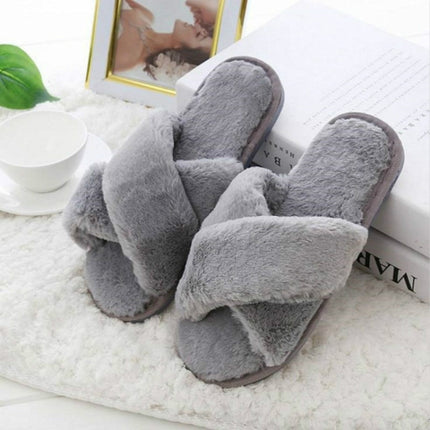 Cross Warm Plush Women Slippers, Size:36(Gray)-garmade.com