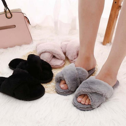 Cross Warm Plush Women Slippers, Size:36(Gray)-garmade.com