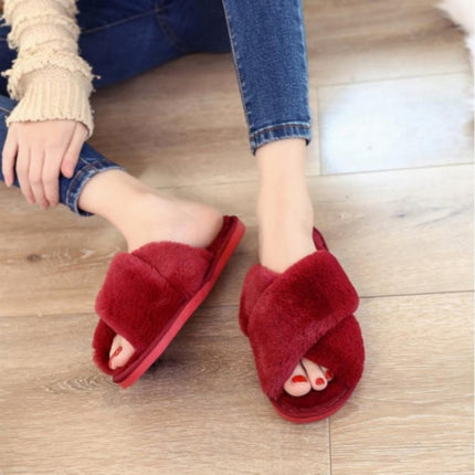 Cross Warm Plush Women Slippers, Size:36(Wine Red)-garmade.com