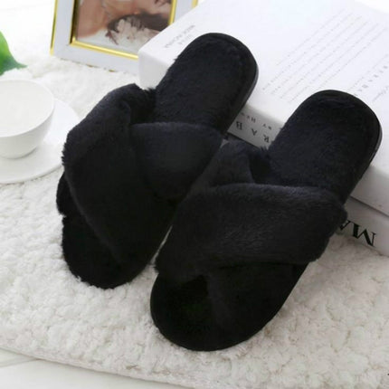 Cross Warm Plush Women Slippers, Size:37(Black)-garmade.com