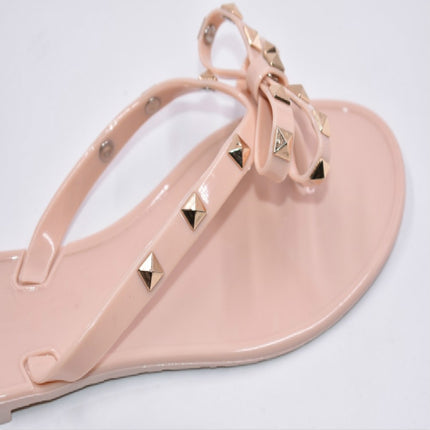 Women Flip-flops Rhinestones Bow Slip-on Flat Sandals, Size:37(Apricot)-garmade.com