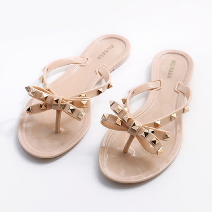 Women Flip-flops Rhinestones Bow Slip-on Flat Sandals, Size:38(Apricot)-garmade.com
