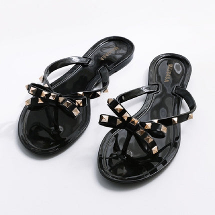 Women Flip-flops Rhinestones Bow Slip-on Flat Sandals, Size:39(Black)-garmade.com