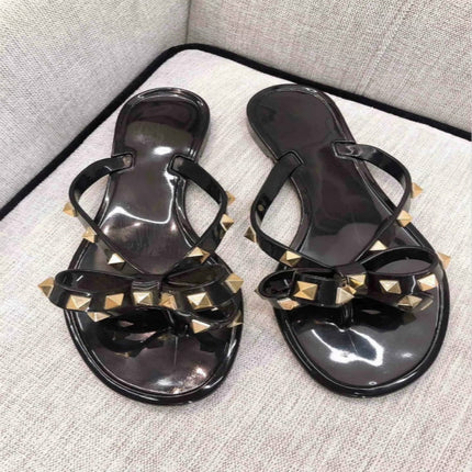 Women Flip-flops Rhinestones Bow Slip-on Flat Sandals, Size:39(Black)-garmade.com