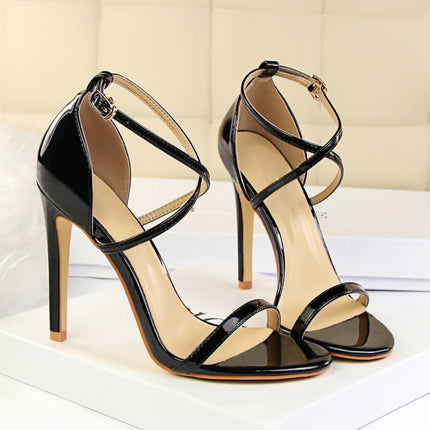 Fashion Ladies Sexy Stiletto Heel Toe Cross Strap Sandals, Size:34(Black)-garmade.com