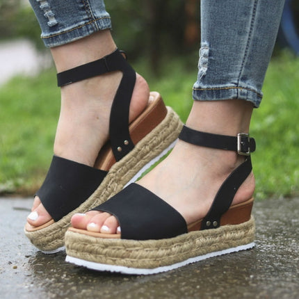 One-button Buckle Platform Women Sandals, Size:42(Black)-garmade.com