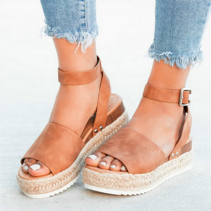 One-button Buckle Platform Women Sandals, Size:42(Dark Brown)-garmade.com
