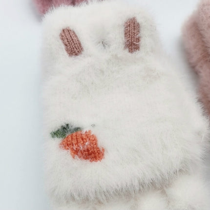 Children Half Finger Gloves Knitted Cold Warm Plus Velvet Fingerless Gloves(White)-garmade.com