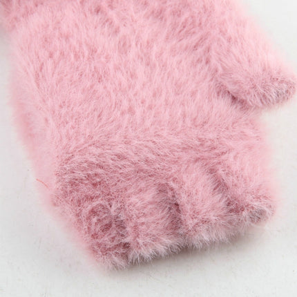 Children Half Finger Gloves Knitted Cold Warm Plus Velvet Fingerless Gloves(Beige)-garmade.com