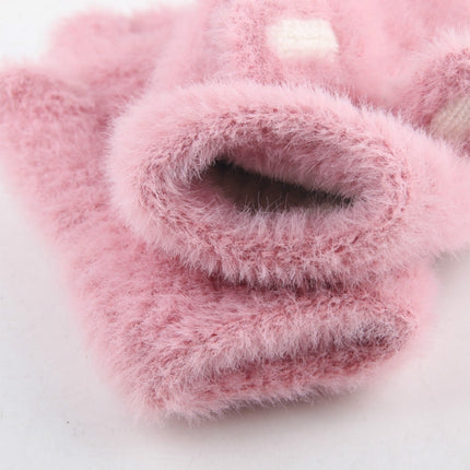 Children Half Finger Gloves Knitted Cold Warm Plus Velvet Fingerless Gloves(Beige)-garmade.com
