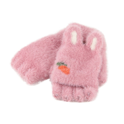 Children Half Finger Gloves Knitted Cold Warm Plus Velvet Fingerless Gloves(Dark Pink)-garmade.com
