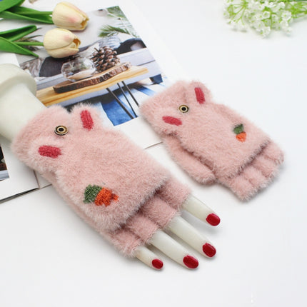 Children Half Finger Gloves Knitted Cold Warm Plus Velvet Fingerless Gloves(Dark Pink)-garmade.com
