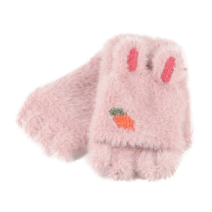 Children Half Finger Gloves Knitted Cold Warm Plus Velvet Fingerless Gloves(Light Pink )-garmade.com