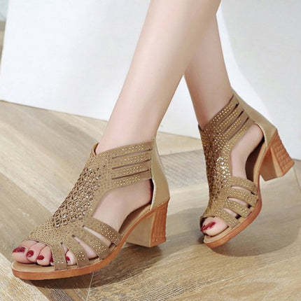 Crystal Hollow Out Peep Toe Wedges Sandals, Size:35(Apricot)-garmade.com