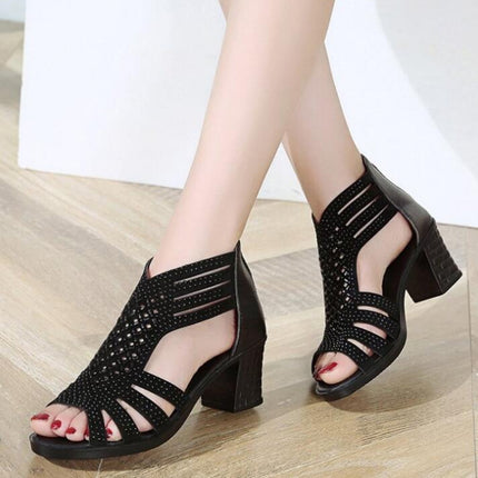 Crystal Hollow Out Peep Toe Wedges Sandals, Size:35(Black)-garmade.com