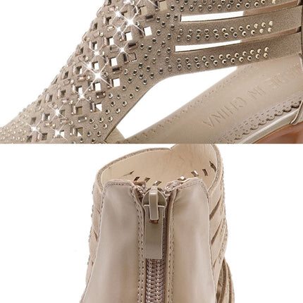 Crystal Hollow Out Peep Toe Wedges Sandals, Size:36(Apricot)-garmade.com