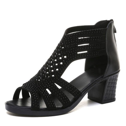 Crystal Hollow Out Peep Toe Wedges Sandals, Size:36(Black)-garmade.com