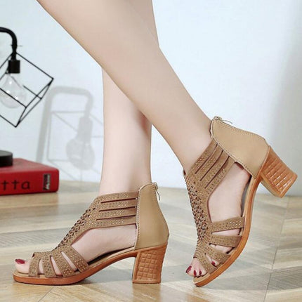 Crystal Hollow Out Peep Toe Wedges Sandals, Size:37(Apricot)-garmade.com