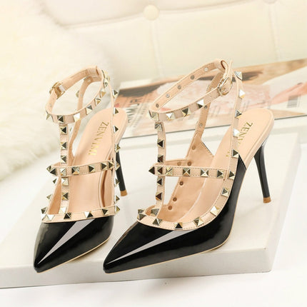 Pointed Stiletto Rivets Shallow Mouth High Heels, Shoes Size:39(Black)-garmade.com