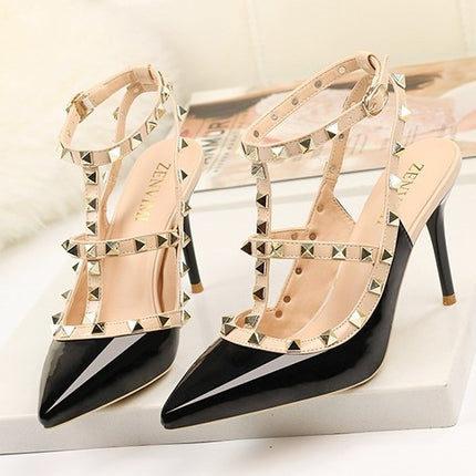 Pointed Stiletto Rivets Shallow Mouth High Heels, Shoes Size:39(Black)-garmade.com
