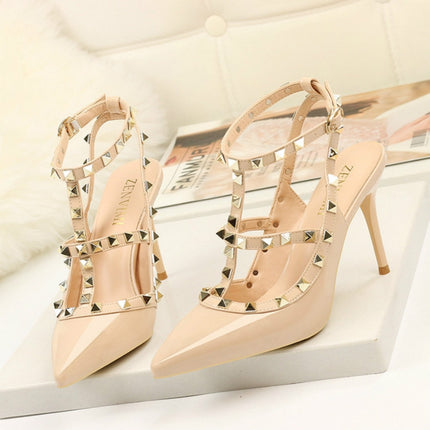 Pointed Stiletto Rivets Shallow Mouth High Heels, Shoes Size:39(Nude)-garmade.com