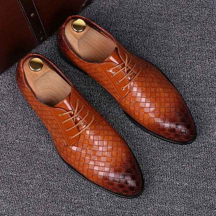 Men Business Dress Shoes Crocodile Leather Shoes Pointed Strips Brock Casual Shoes, Size:38(Yellow)-garmade.com