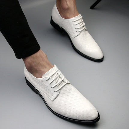 Men Business Dress Shoes Crocodile Leather Shoes Pointed Strips Brock Casual Shoes, Size:42(White)-garmade.com
