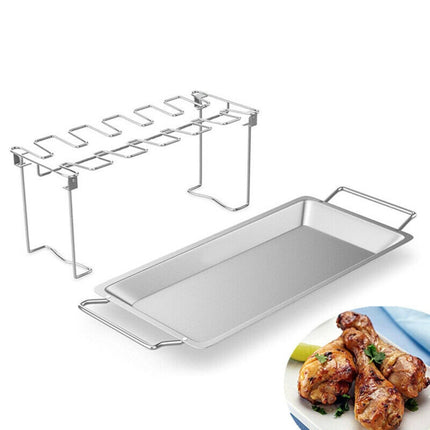 Stainless Steel Chicken Wing Leg Barbecue Rack with Drip Pan(Silver)-garmade.com