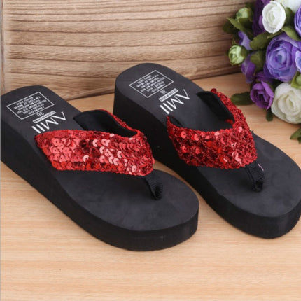 Sequin Slippers Wedge ith Flip Flops, Size:36(Sequins Red)-garmade.com