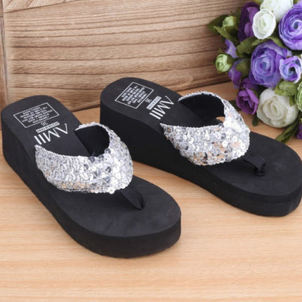 Sequin Slippers Wedge ith Flip Flops, Size:36(Sequin Silver)-garmade.com