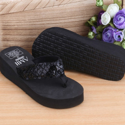 Sequin Slippers Wedge ith Flip Flops, Size:36(Sequin Black)-garmade.com