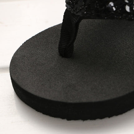 Sequin Slippers Wedge ith Flip Flops, Size:36(Sequin Black)-garmade.com