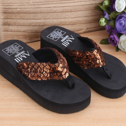 Sequin Slippers Wedge ith Flip Flops, Size:37(Sequin Brown)-garmade.com