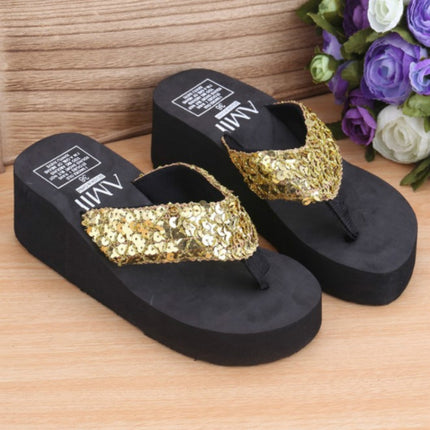 Sequin Slippers Wedge ith Flip Flops, Size:37(Sequin Gold)-garmade.com