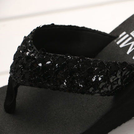 Sequin Slippers Wedge ith Flip Flops, Size:38(Sequin Black)-garmade.com