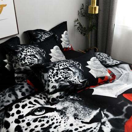 3D Jacquard Weave Bedding Cover + Pillow Case, Size:US Queen Size(ABBlack leopard and rose)-garmade.com