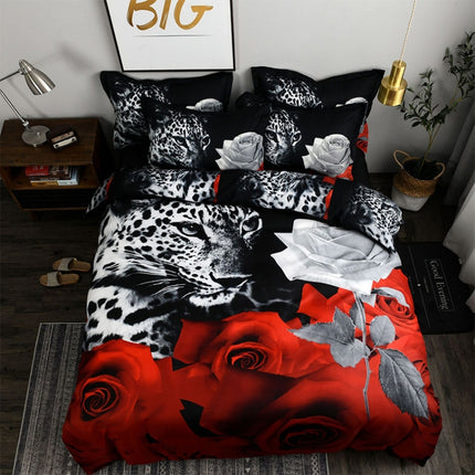 3D Jacquard Weave Bedding Cover + Pillow Case, Size:CN Queen Size(ABBlack leopard and rose)-garmade.com