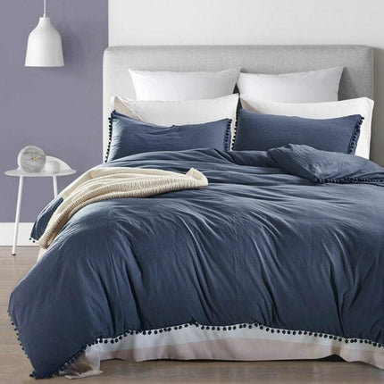 Princess Bedding Sets With Washed Ball Decorative Microfiber Fabric Cover Pillowcase, Size:Twin（One Pillowcase and One Quilt）(Navy Blue)-garmade.com